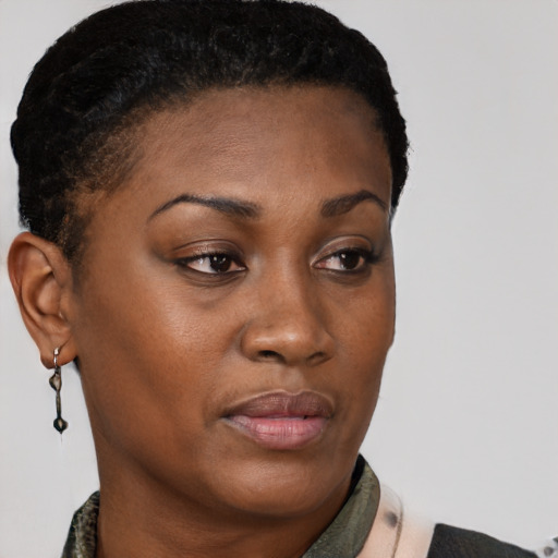 Neutral black young-adult female with short  brown hair and brown eyes