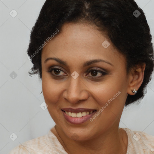 Joyful latino young-adult female with short  brown hair and brown eyes