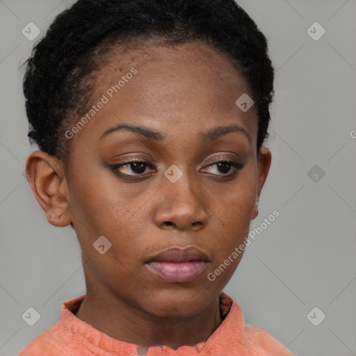 Neutral black young-adult female with short  brown hair and brown eyes