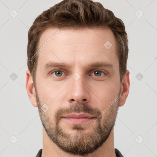 Neutral white young-adult male with short  brown hair and grey eyes