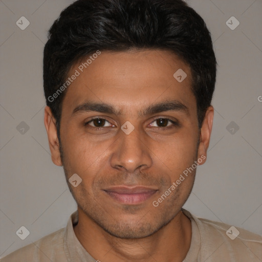 Joyful white young-adult male with short  black hair and brown eyes