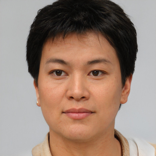 Neutral asian young-adult male with short  brown hair and brown eyes