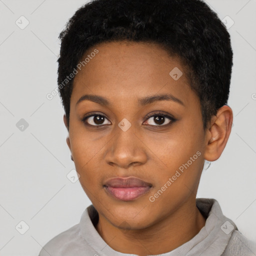 Neutral black young-adult female with short  black hair and brown eyes