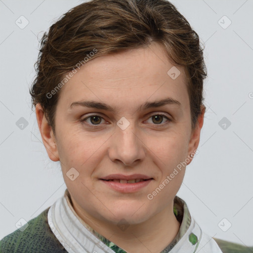 Joyful white young-adult female with short  brown hair and grey eyes