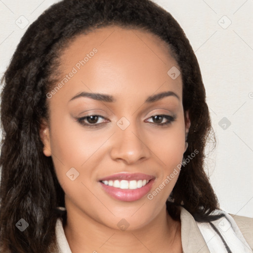 Joyful latino young-adult female with long  brown hair and brown eyes