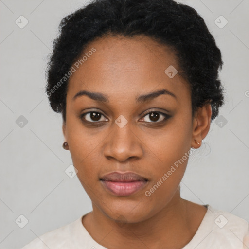 Joyful latino young-adult female with short  black hair and brown eyes