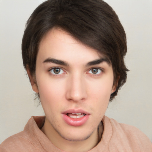 Neutral white young-adult female with short  brown hair and brown eyes