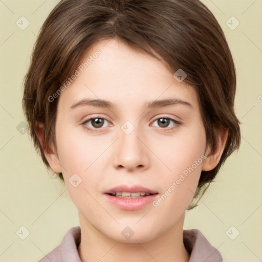 Neutral white young-adult female with medium  brown hair and brown eyes