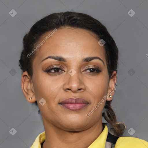 Joyful latino young-adult female with short  brown hair and brown eyes