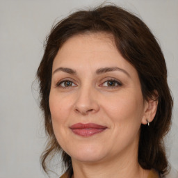 Joyful white adult female with medium  brown hair and brown eyes