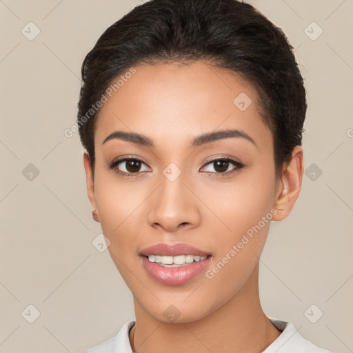 Joyful latino young-adult female with short  brown hair and brown eyes