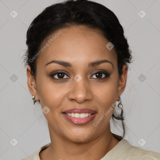 Joyful latino young-adult female with short  brown hair and brown eyes