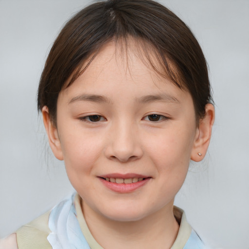 Joyful white child female with medium  brown hair and brown eyes