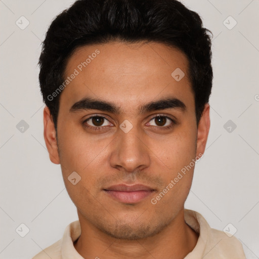 Neutral latino young-adult male with short  black hair and brown eyes