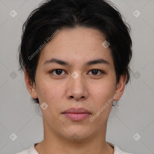 Joyful white young-adult female with short  brown hair and brown eyes