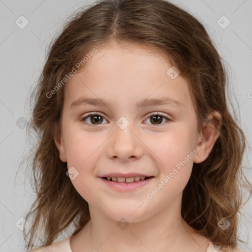 Joyful white child female with medium  brown hair and brown eyes