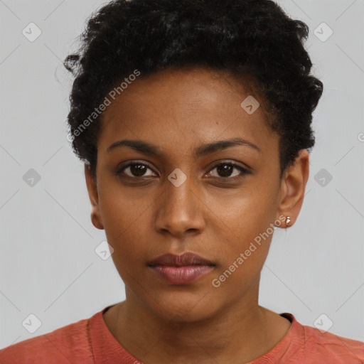 Neutral latino young-adult female with short  brown hair and brown eyes