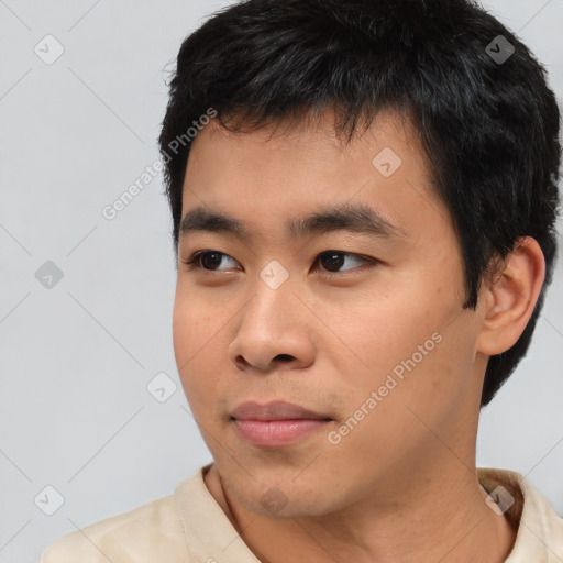 Neutral asian young-adult male with short  black hair and brown eyes
