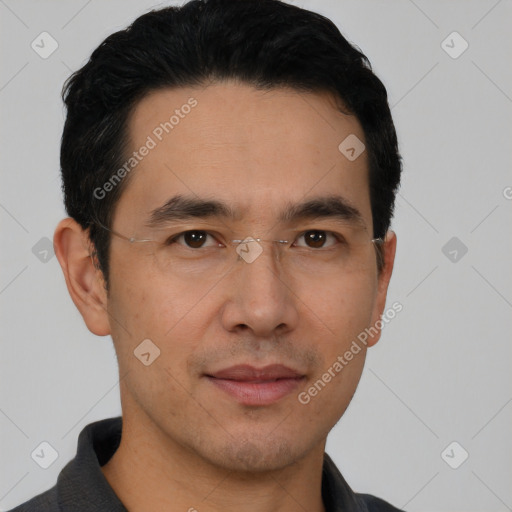 Neutral asian young-adult male with short  black hair and brown eyes