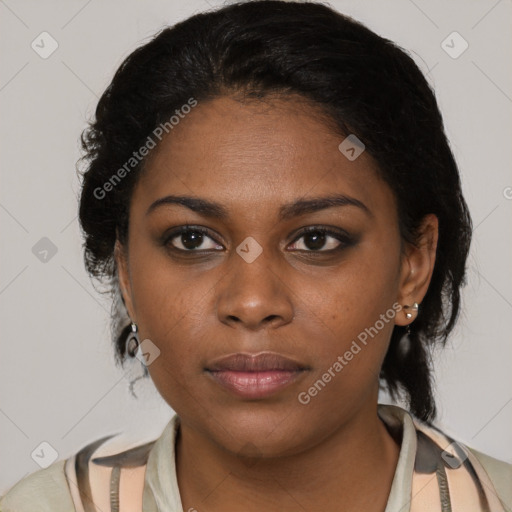 Joyful latino young-adult female with medium  black hair and brown eyes