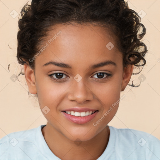 Joyful white child female with short  brown hair and brown eyes