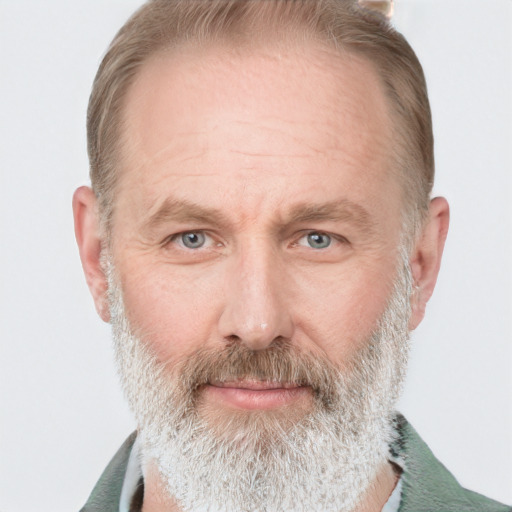 Neutral white middle-aged male with short  brown hair and grey eyes