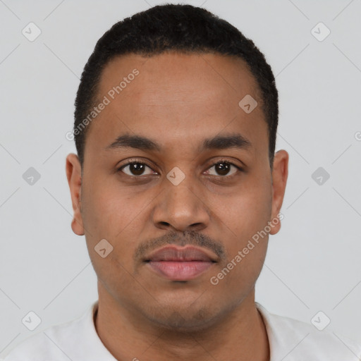 Neutral latino young-adult male with short  black hair and brown eyes