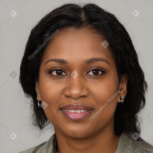 Joyful black young-adult female with medium  black hair and brown eyes