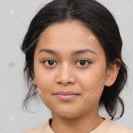 Joyful latino young-adult female with medium  brown hair and brown eyes