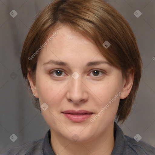 Joyful white adult female with medium  brown hair and brown eyes