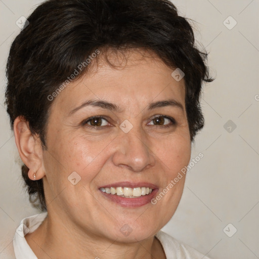 Joyful white adult female with short  brown hair and brown eyes