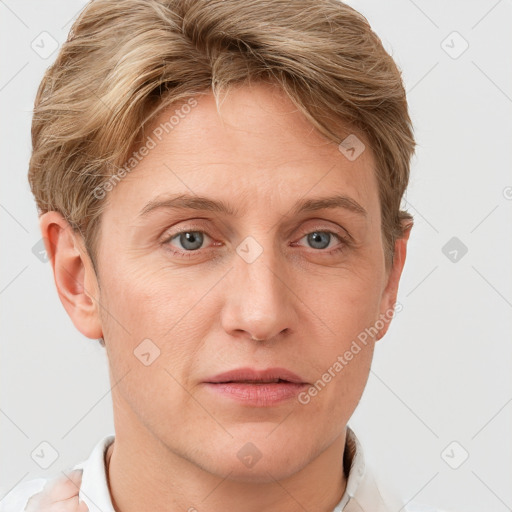 Joyful white adult female with short  brown hair and grey eyes