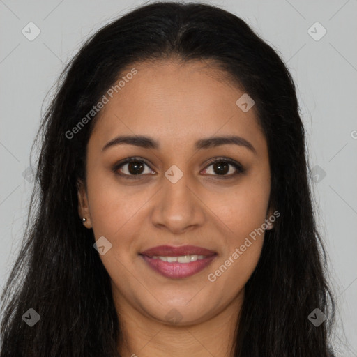 Joyful latino young-adult female with long  brown hair and brown eyes