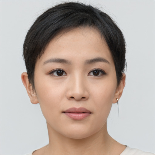 Neutral asian young-adult female with short  brown hair and brown eyes