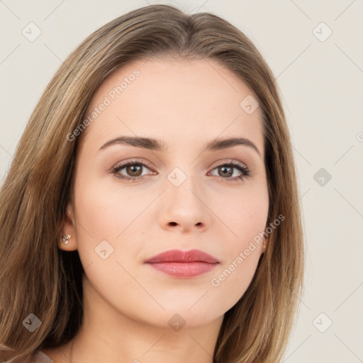 Neutral white young-adult female with long  brown hair and brown eyes