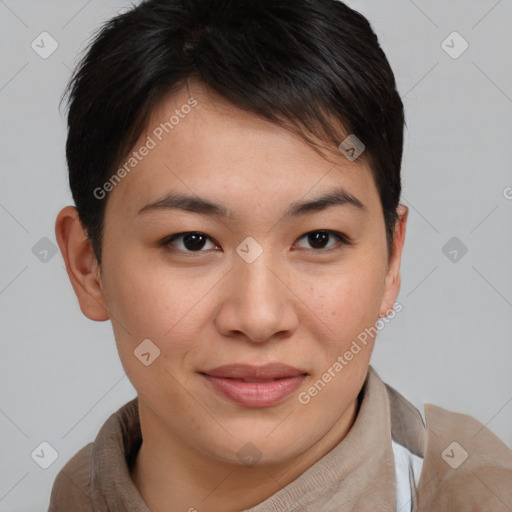 Joyful asian young-adult female with short  brown hair and brown eyes