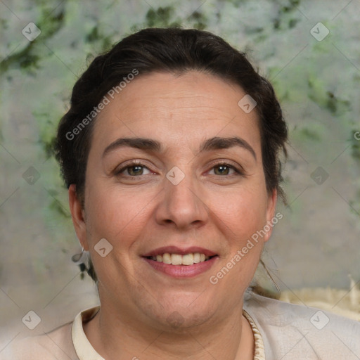 Joyful white adult female with short  brown hair and brown eyes