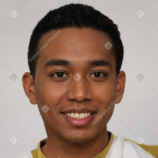 Joyful latino young-adult male with short  black hair and brown eyes