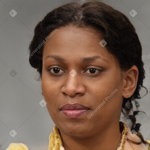 Joyful black adult female with medium  brown hair and brown eyes