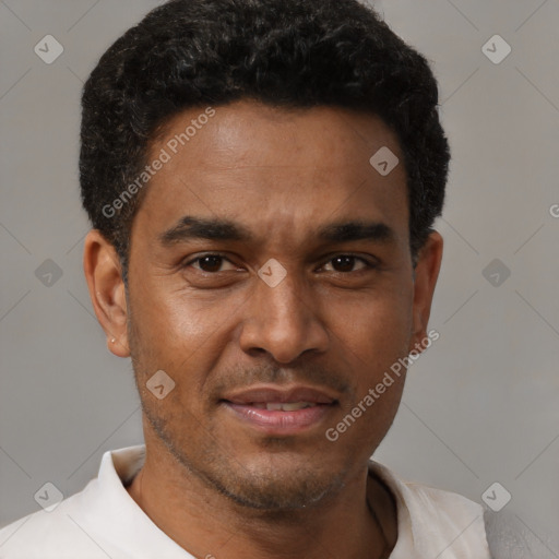 Neutral latino young-adult male with short  black hair and brown eyes