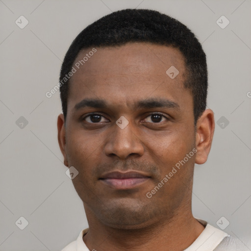 Neutral black young-adult male with short  black hair and brown eyes