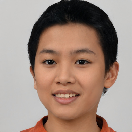 Joyful asian young-adult female with short  black hair and brown eyes