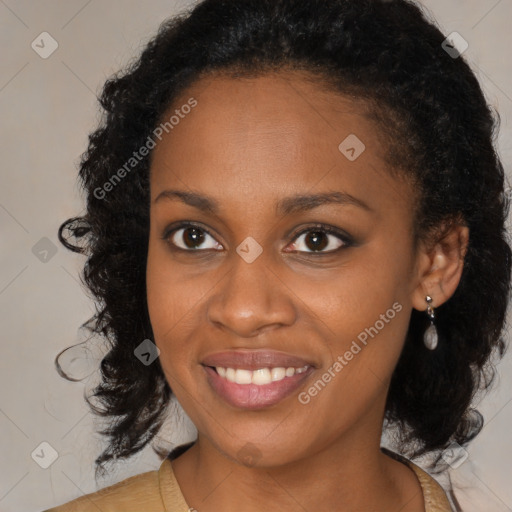 Joyful black young-adult female with medium  brown hair and brown eyes