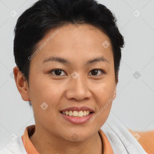 Joyful asian young-adult female with short  brown hair and brown eyes