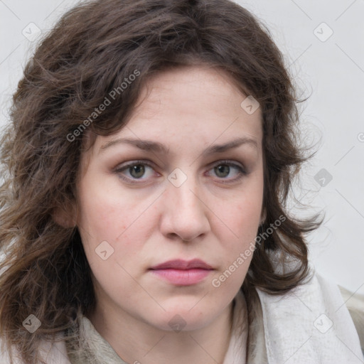 Neutral white young-adult female with medium  brown hair and grey eyes