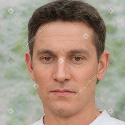 Neutral white adult male with short  brown hair and brown eyes