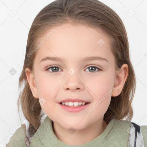 Joyful white child female with medium  brown hair and grey eyes