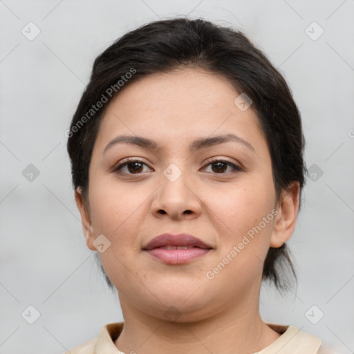 Joyful white young-adult female with medium  brown hair and brown eyes