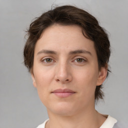 Neutral white young-adult female with short  brown hair and brown eyes