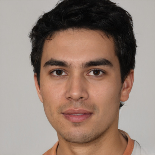 Neutral white young-adult male with short  black hair and brown eyes